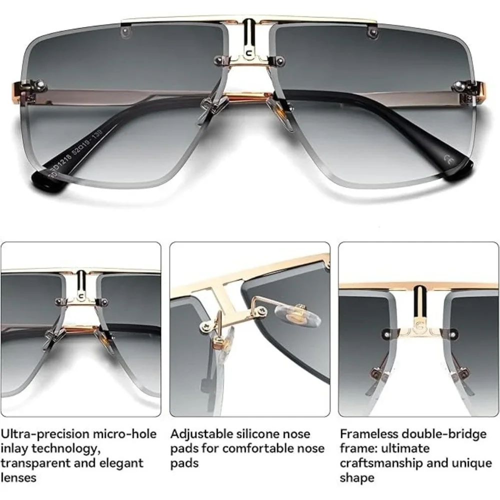 Men's Oversized Rimless Shield Sunglasses Gold Double Bridge Gradient Lenses New